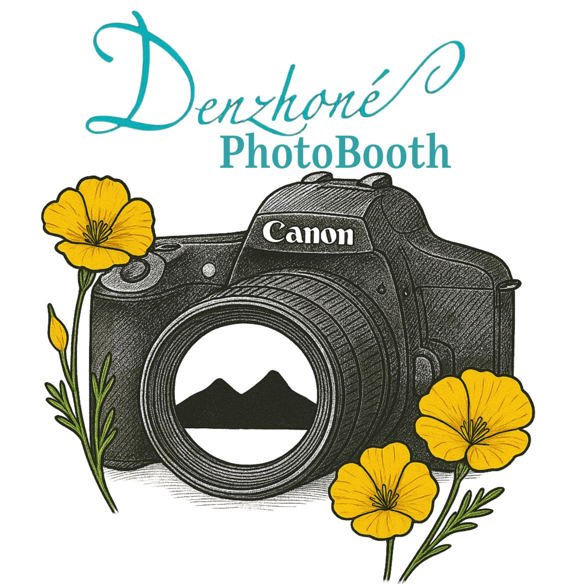 Graphic of a Canon camera surrounded by yellow flowers with the text 'Denzhonné PhotoBooth' above it.