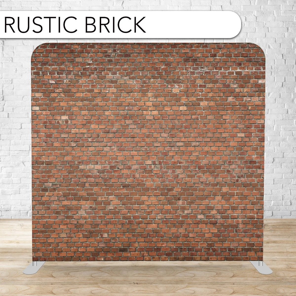 Display of a rustic brick wall texture on a stand, in front of a white brick wall background