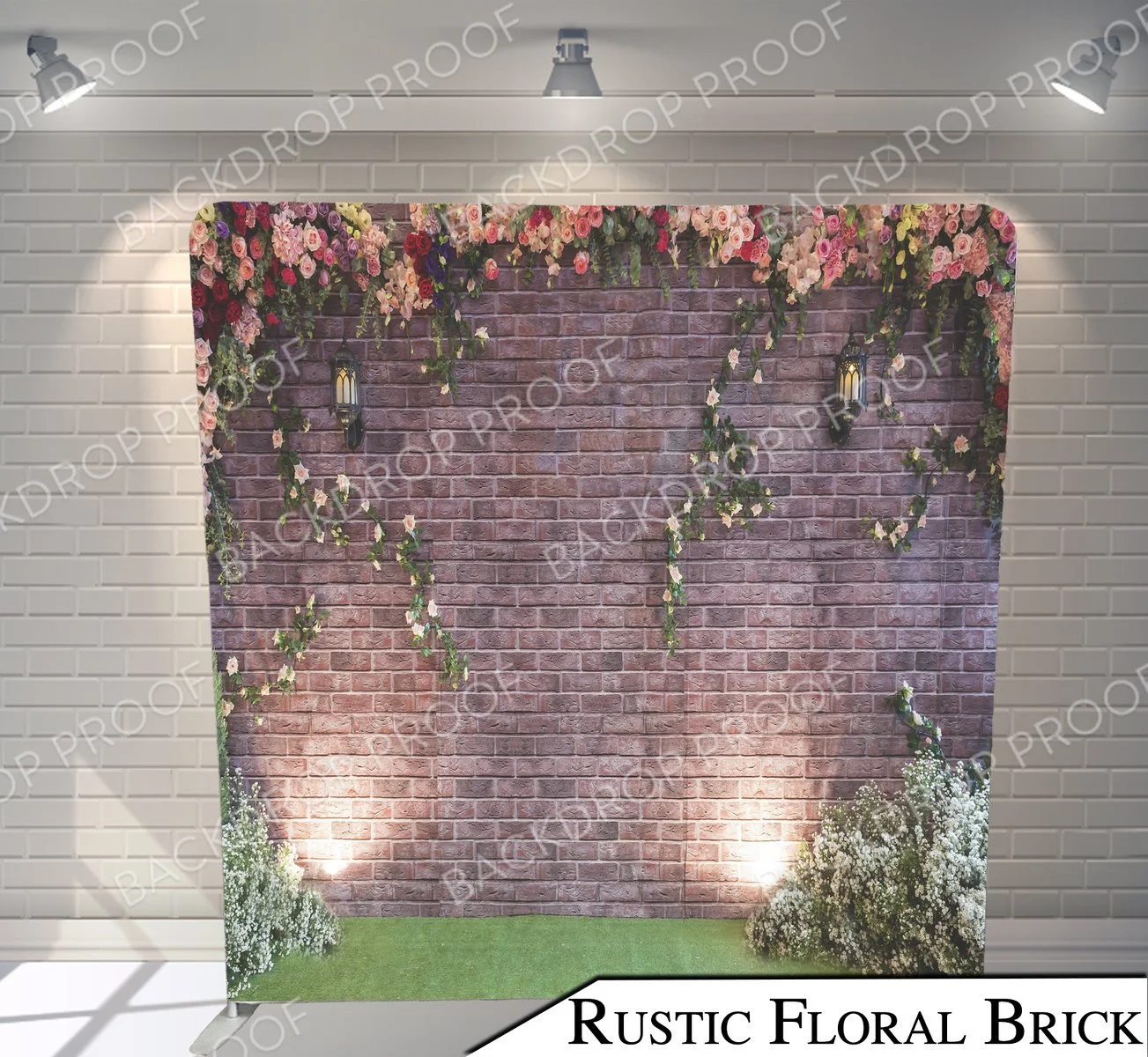 Decorative backdrop with a rustic floral brick wall, hanging lanterns, and floral arrangements at the top and bottom, labeled 'Rustic Floral Brick'.