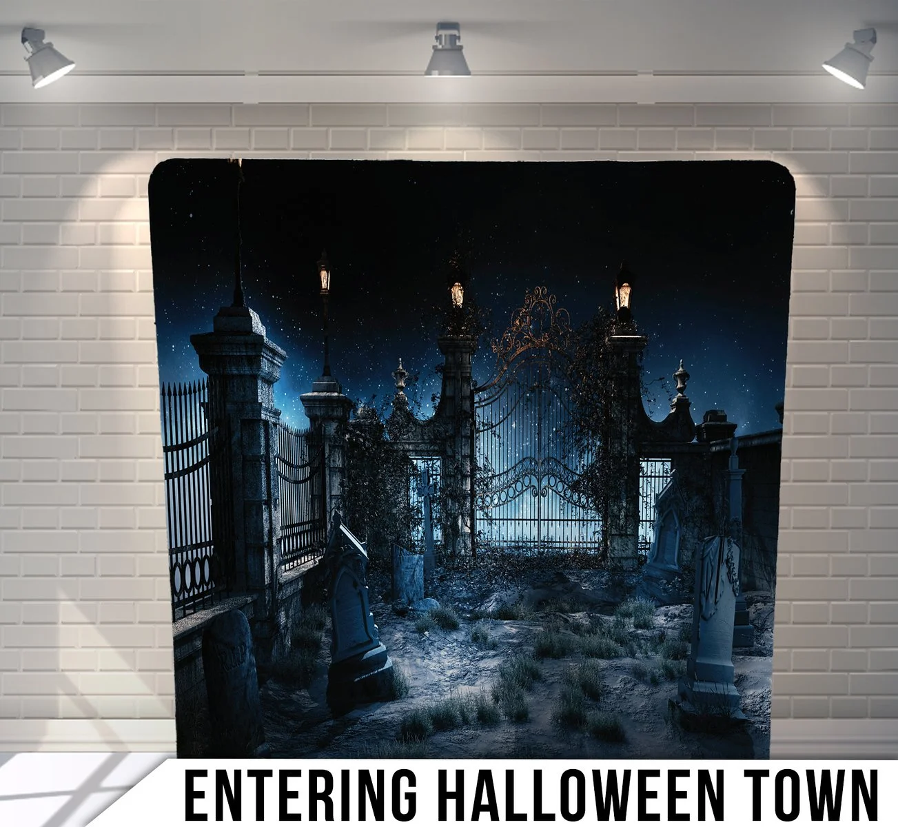 Dark gate with wrought iron bars and lit lamps, entering a spooky graveyard at night, with a starry sky, with the text 'Entering Halloween Town' at the bottom.