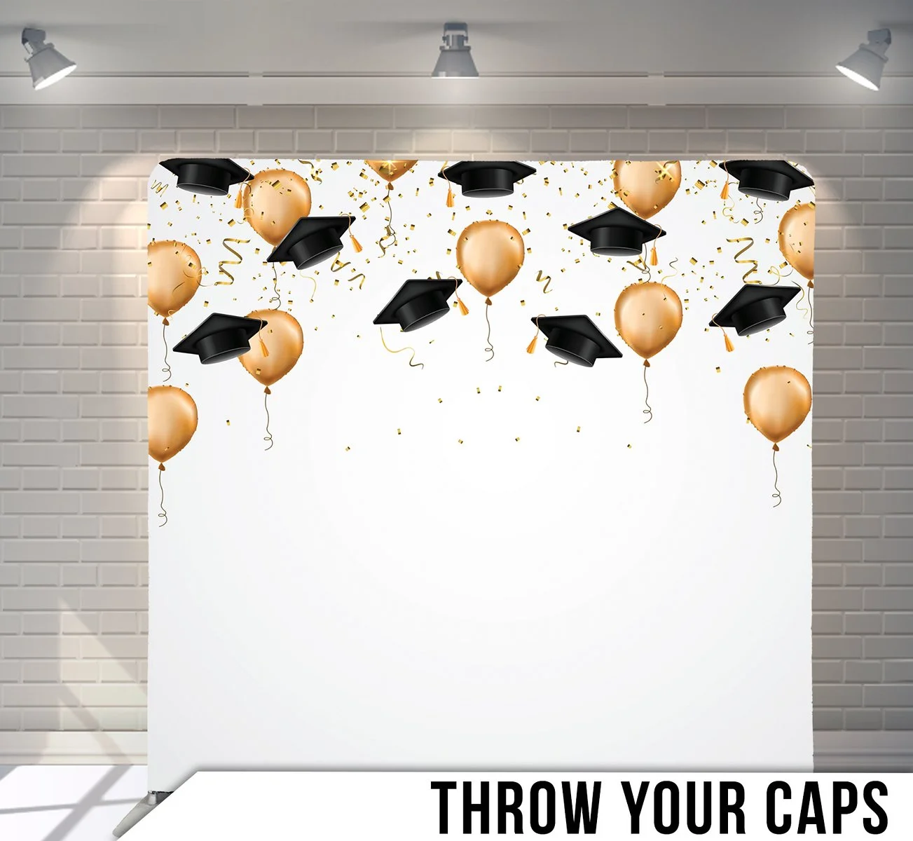 Celebration backdrop with gold balloons, confetti, and graduation caps, with the text 'Throw Your Caps' at the bottom.