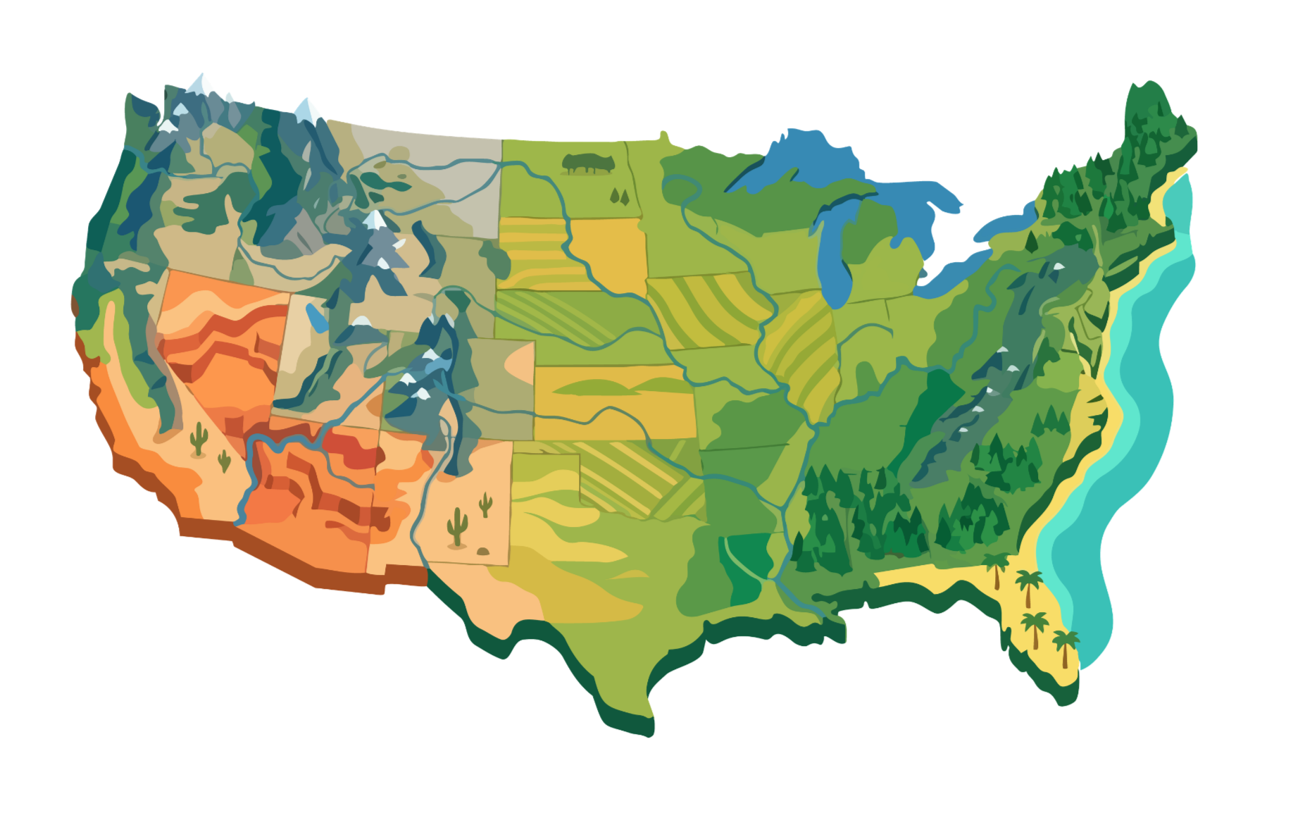 An illustrated map of the United States showing various geographical regions, including mountains, forests, plains, deserts, and lakes, each represented with different colors and symbols.