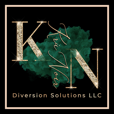 Logo for K & N Diversion Solutions LLC featuring large glittery letters K and N, with Krú Noir in the middle of K and N, and a green smoky background.