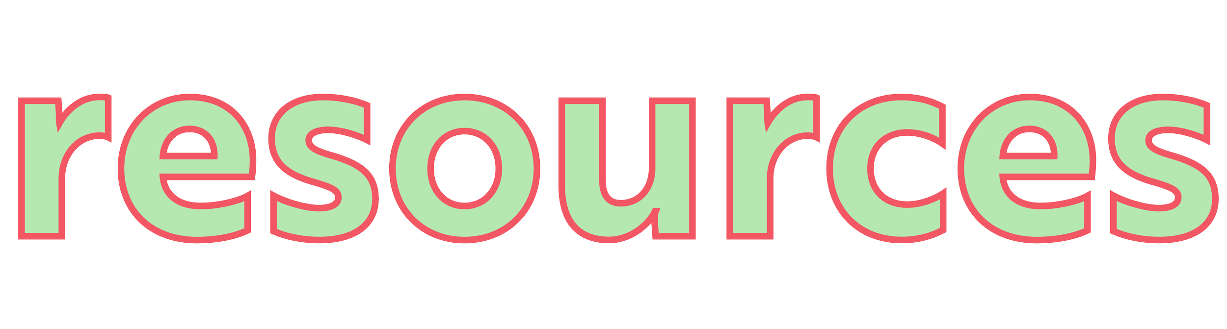 The word 'resources' in large, stylized font with green fill, pink outline, and black shadow.