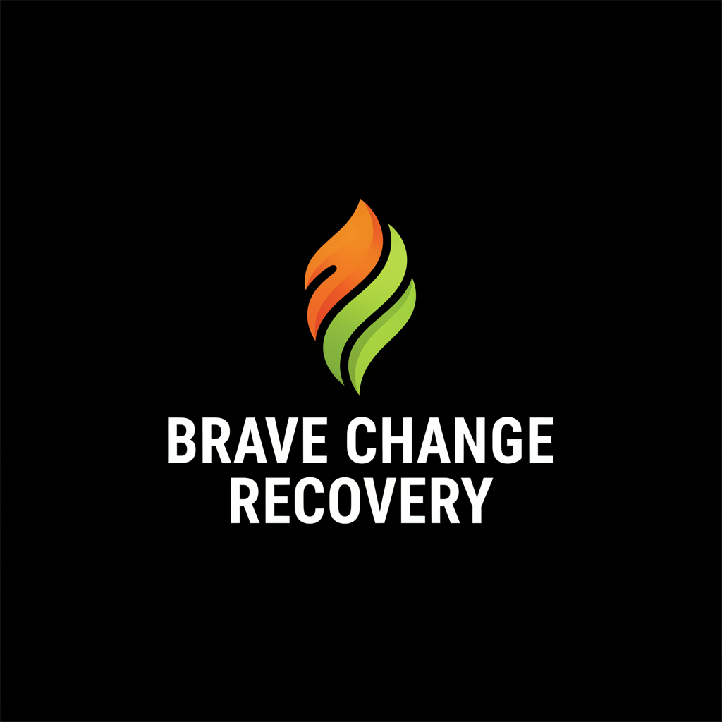 Logo with a stylized flame in orange and green, and the text 'Brave Change Recovery' on a black background.