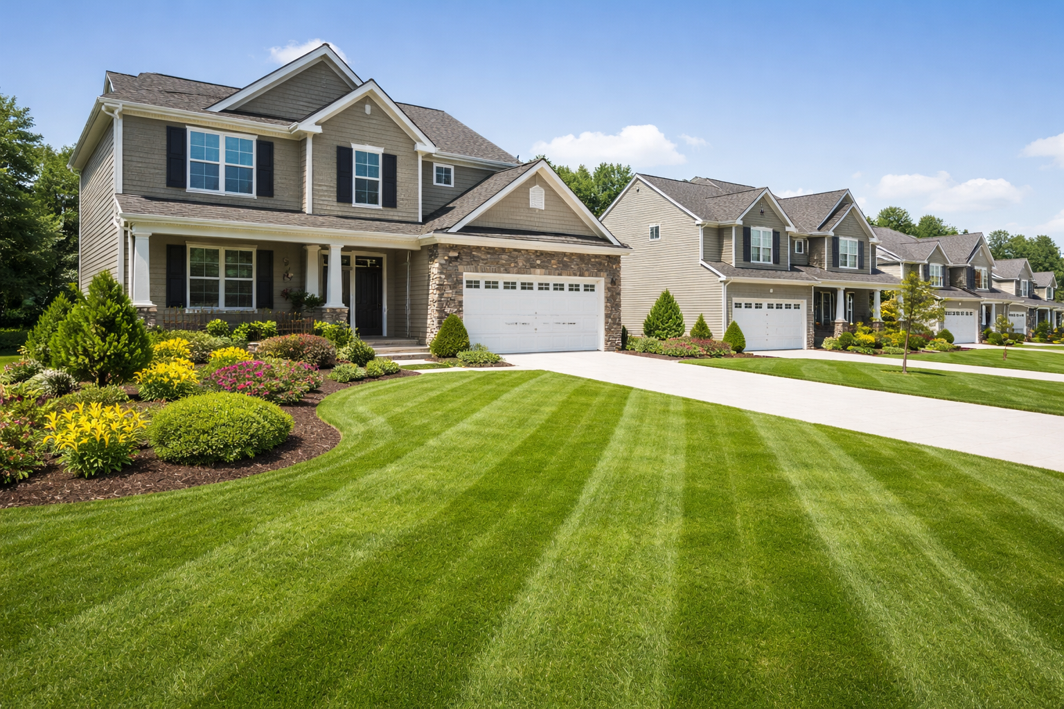 A row of modern suburban houses with well-maintained lawns and garden beds, under a partly cloudy sky.