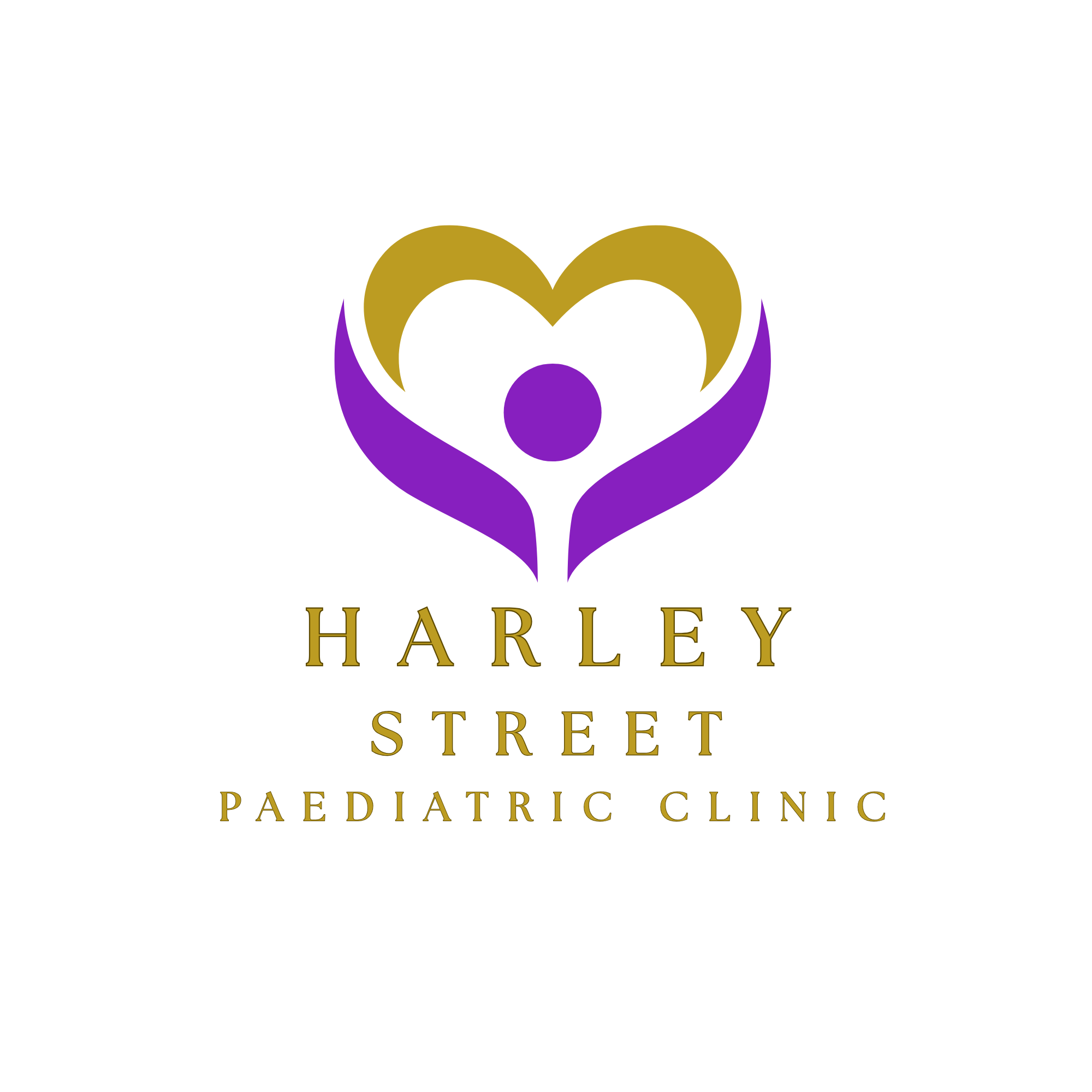 Logo of Harley Street Pediatric Clinic featuring a stylized heart with a purple child figure inside and gold and purple elements.