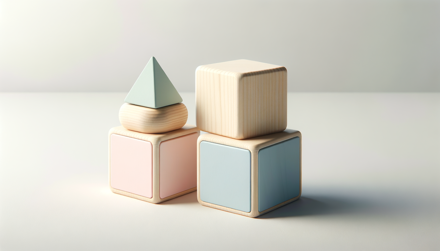 Set of pastel-colored wooden blocks and geometric shapes on a white surface.