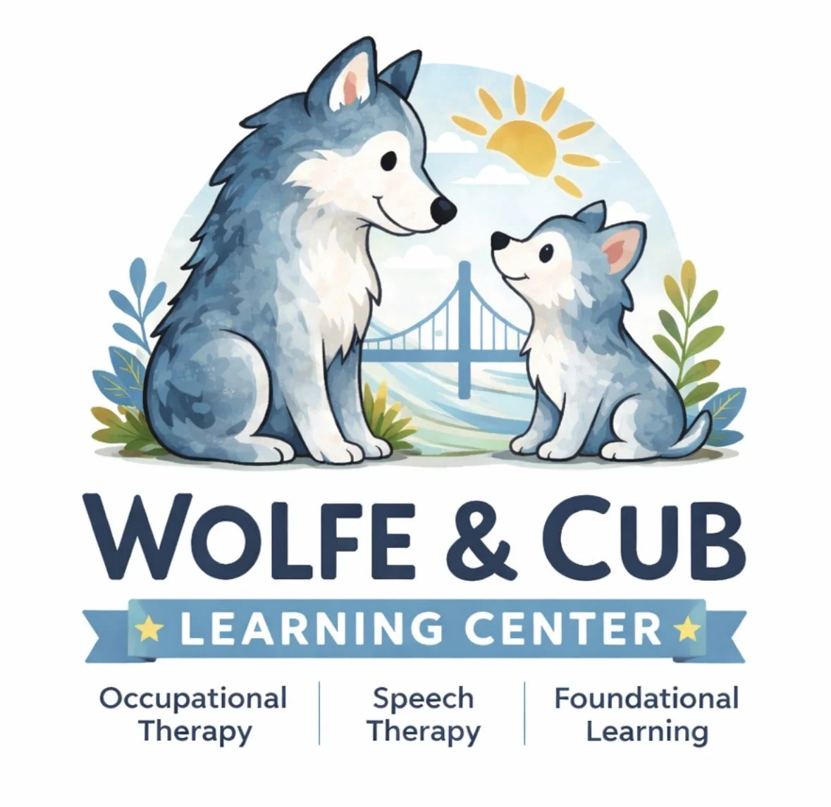 Logo for Wolfe & Cub Learning Center featuring a large and a small husky dog with a bridge, sun, and trees in the background, and text indicating services like occupational therapy, speech therapy, and foundational learning.
