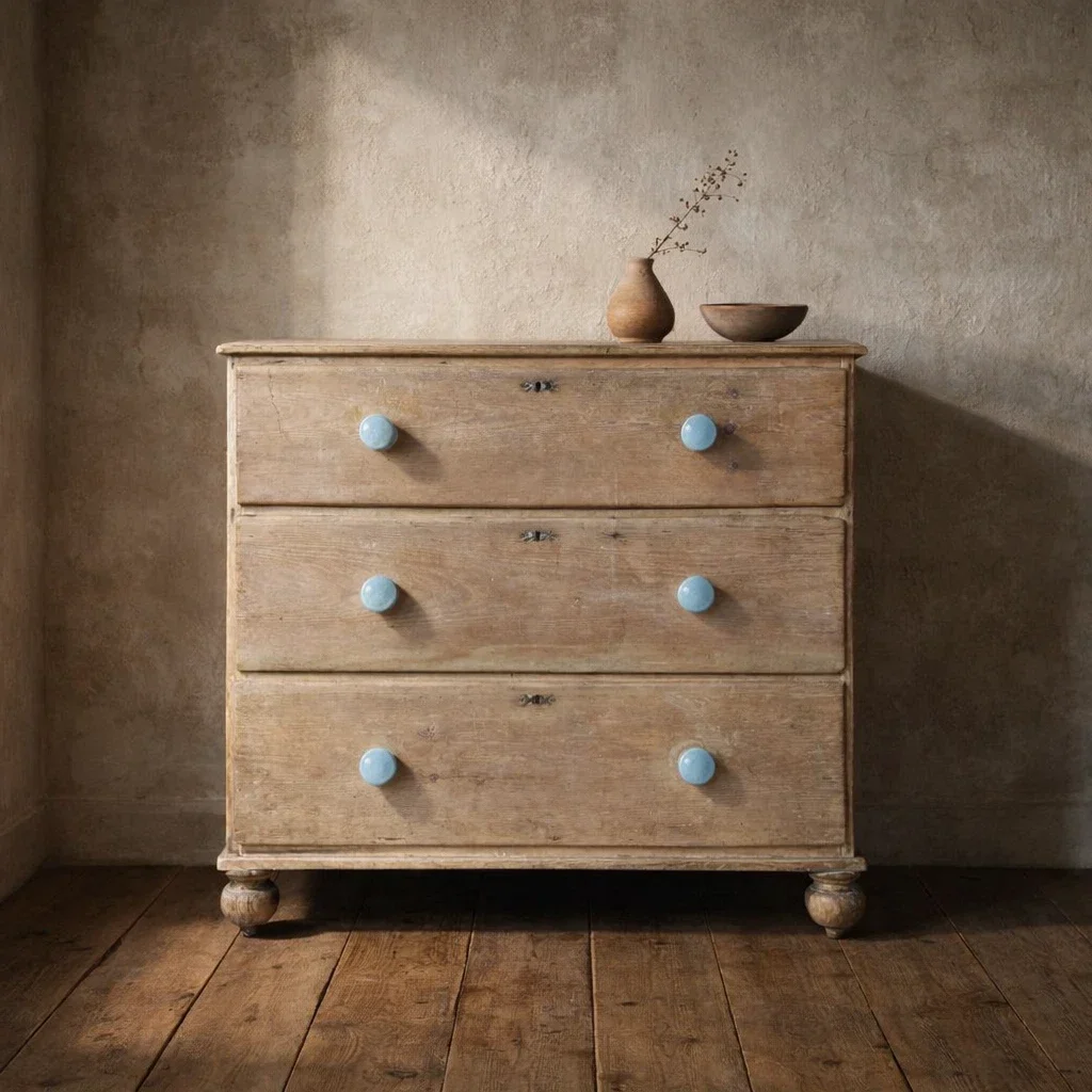 An early Victorian pine chest of drawers in country house scale, with its original period porcelain knobs and standing on turned feet. Bring It Home Furniture, Hingham Norfolk.