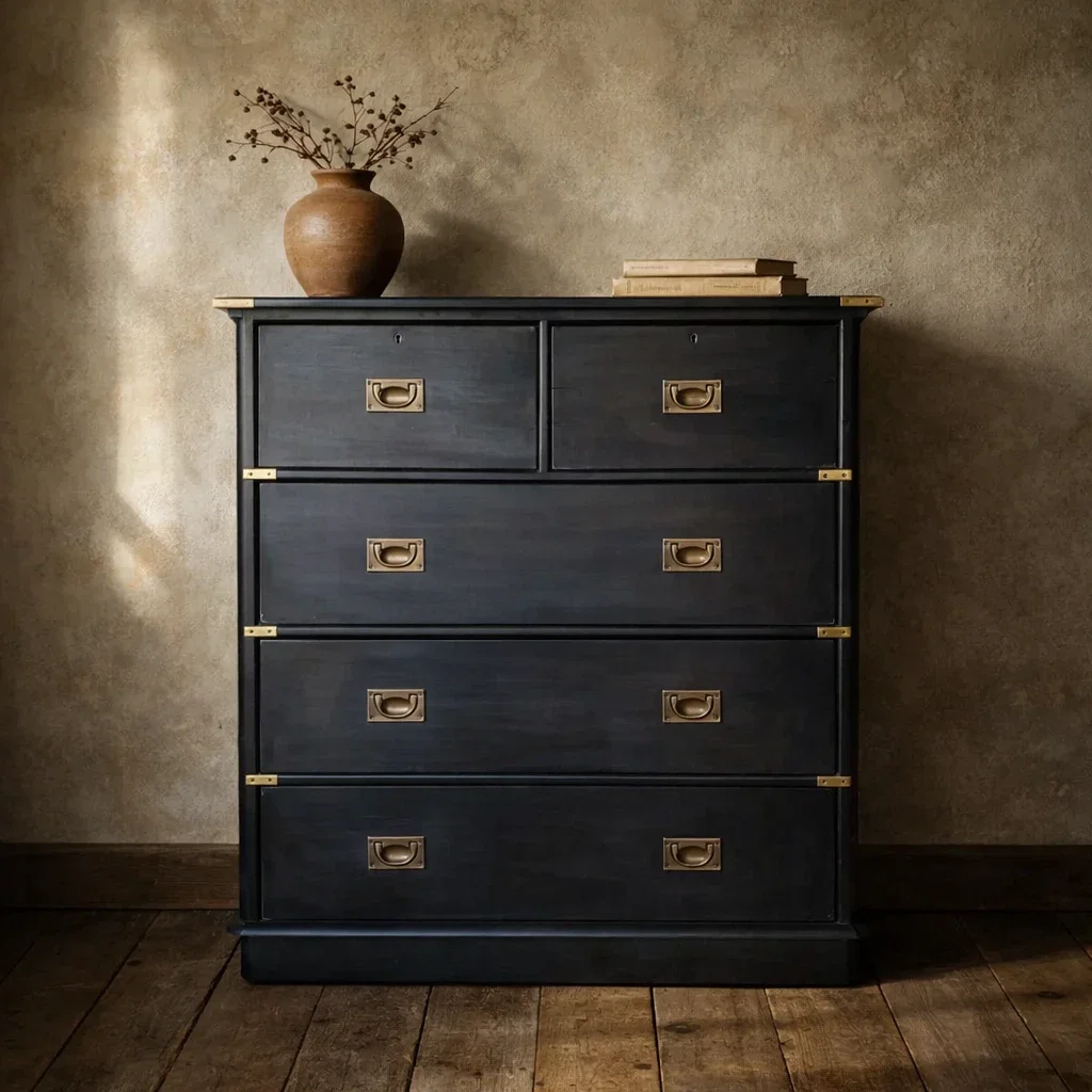 Antique Victorian Ebonised Campaign Chest of Drawers Black