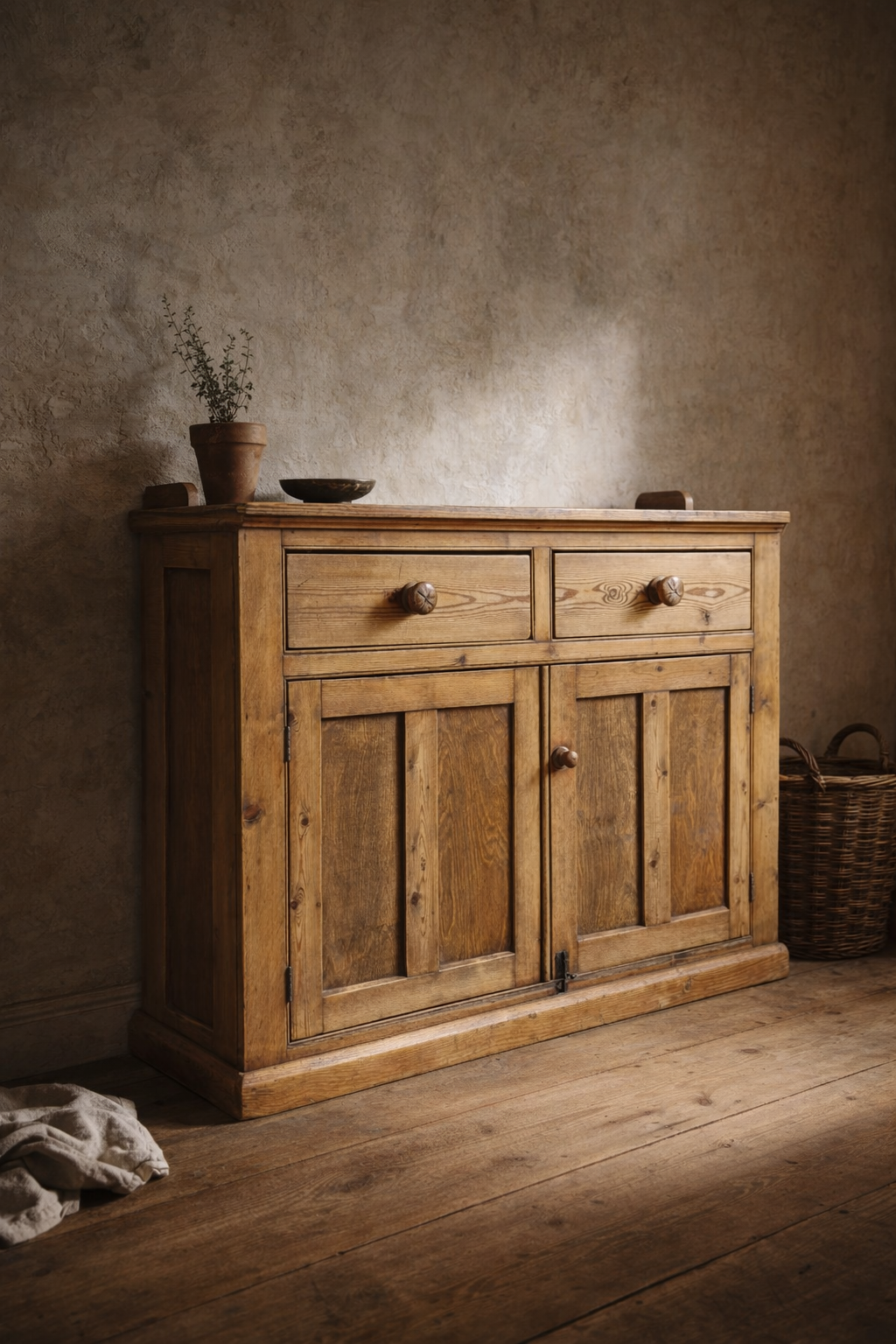 antique pine sideboard with two drawers and cupboard.png