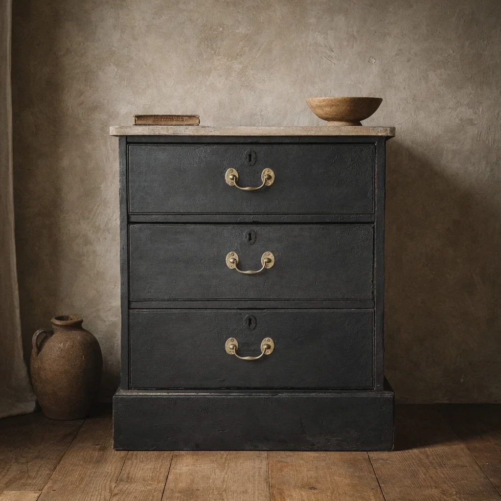 Victorian Antique Old Painted Black Pine Chest Of Drawers