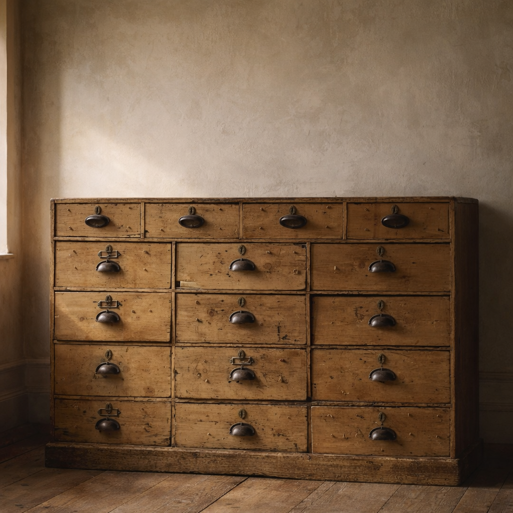 A large Victorian pine bank of drawers with aged cup handles. Bring It Home Furniture, Hingham Norfolk.