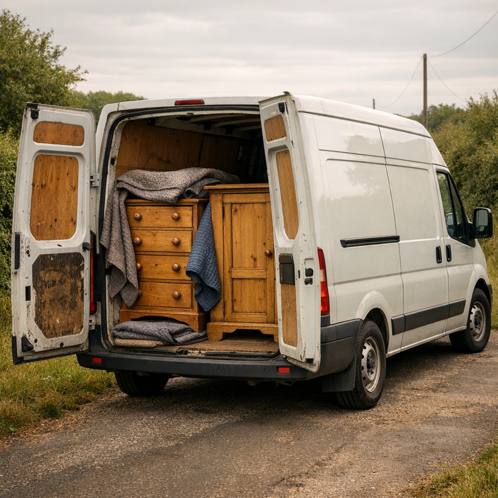 White cargo van with open back doors revealing antique pine and victorian pine furniture and blankets inside, parked on a rural roadside. Bring It Home Furniture, Hingham Norfolk.