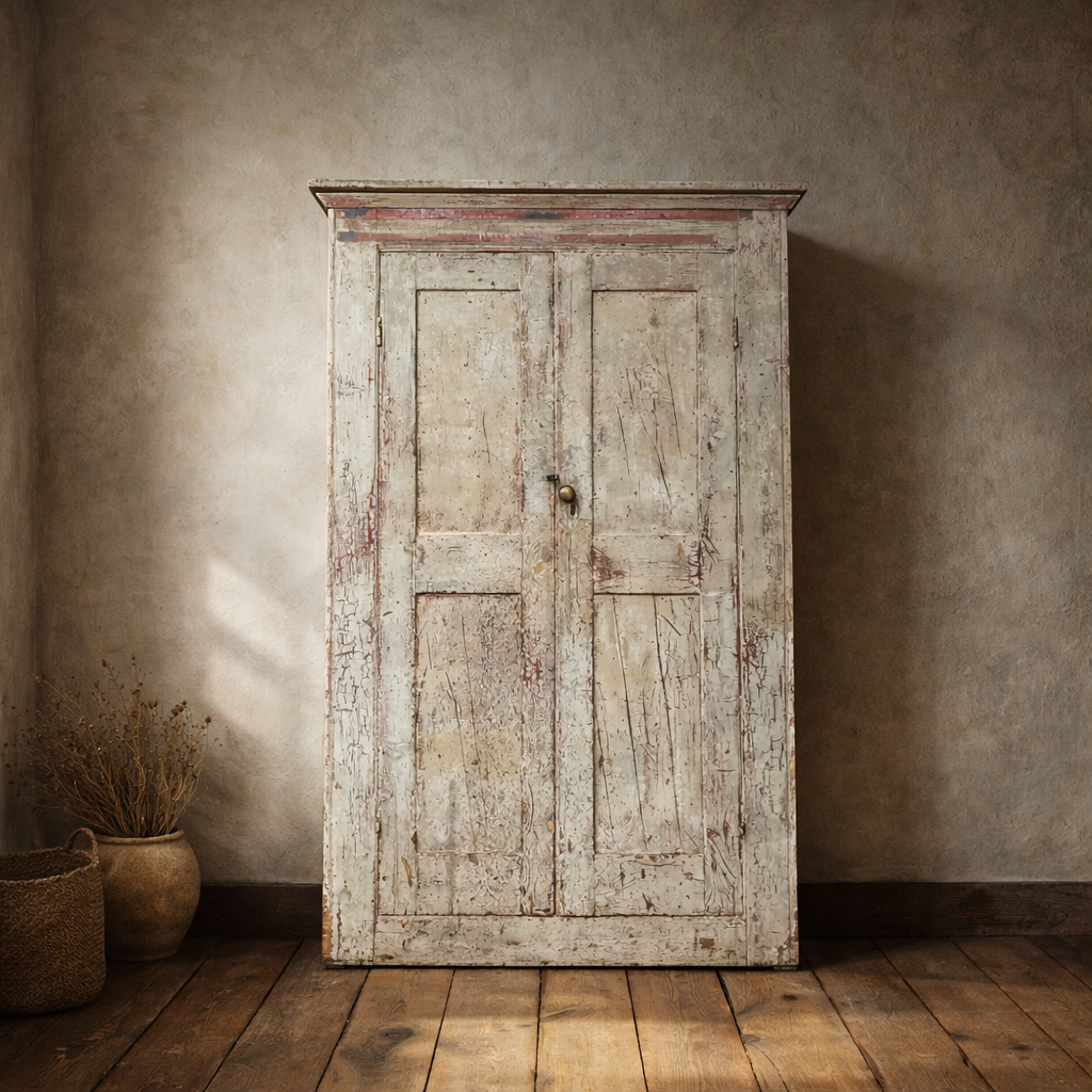 Old rustic Victorian 19th century wooden cupboard with peeling paint, standing on a wooden floor in a room with beige textured walls, with a basket and dried plants nearby. Bring It Home Furniture, Hingham Norfolk.