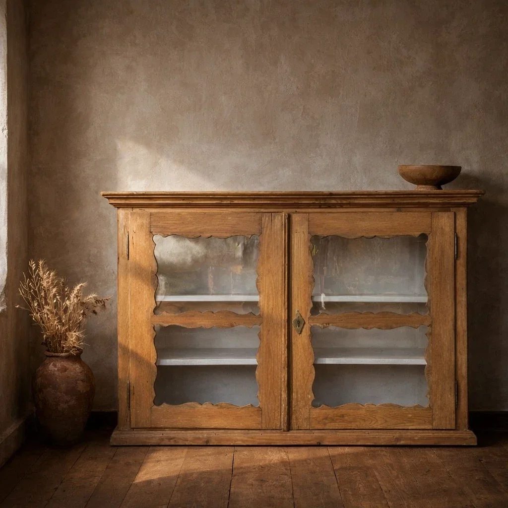 Antique 19th Century Old Pine Glazed Cupboard Cabinet Bookshelf Glass Display