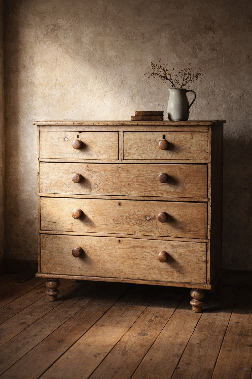 A rustic Victorian pine chest of drawers sitting on turned feet and has its original handles. Bring It Home Furniture, Hingham Norfolk.