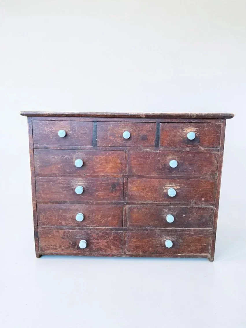 Antique Victorian Small Pine Bank Of Drawers Haberdashery Watchmakers Tabletop