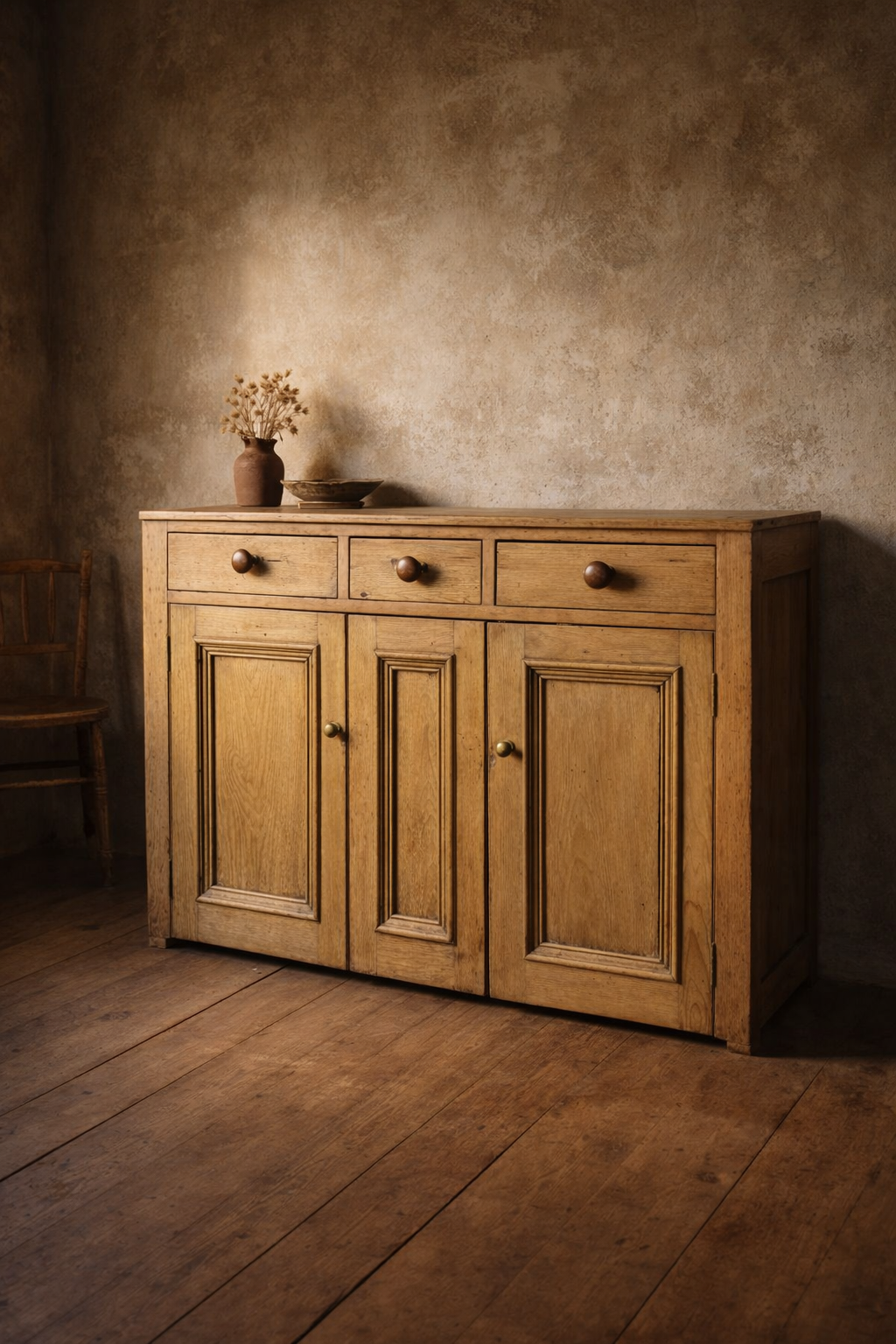 A fully restored Victorian pine dresser base with three drawers and two doors revealing a cupboard. Bring It Home Furniture, Hingham Norfolk.