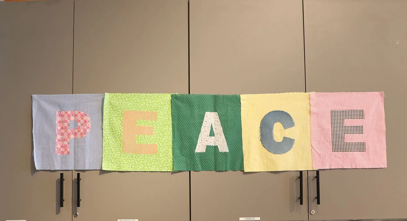 P-E-A-C-E
Guess this one is pretty obvious in the choice. We cut out letters spelling PEACE and made a quilt square for each one. The joy we had in making this was all the fun we needed.