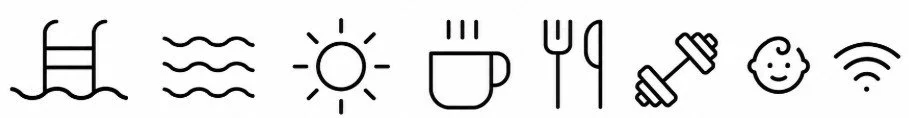 Sequence of icons: ladder in water, waves, sun, coffee cup, fork and knife, dumbbells, smiling face, Wi-Fi symbol.