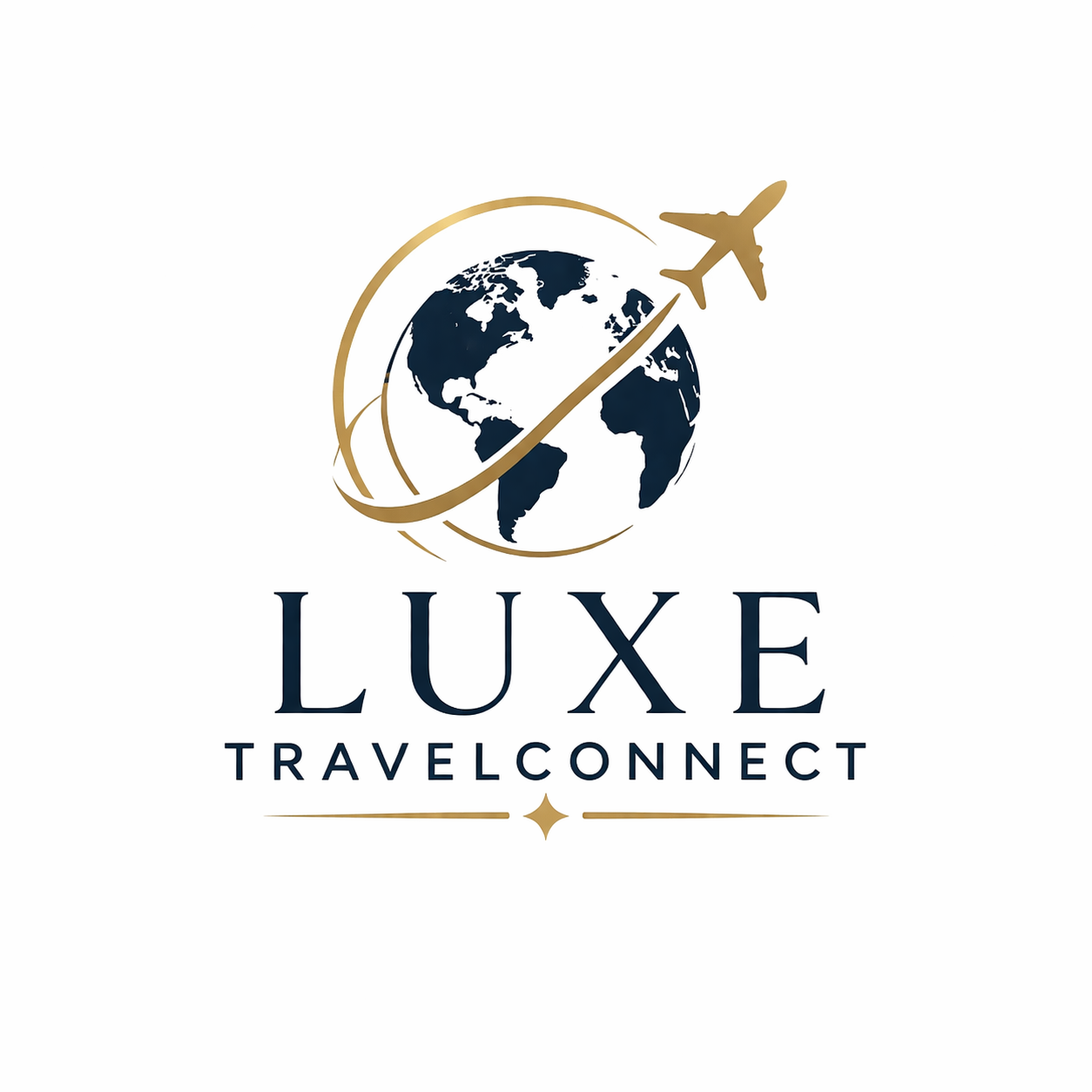 A logo featuring a globe with a gold airplane circling around it, and the words 'LUXE TRAVEL CONNECT' below in dark font.