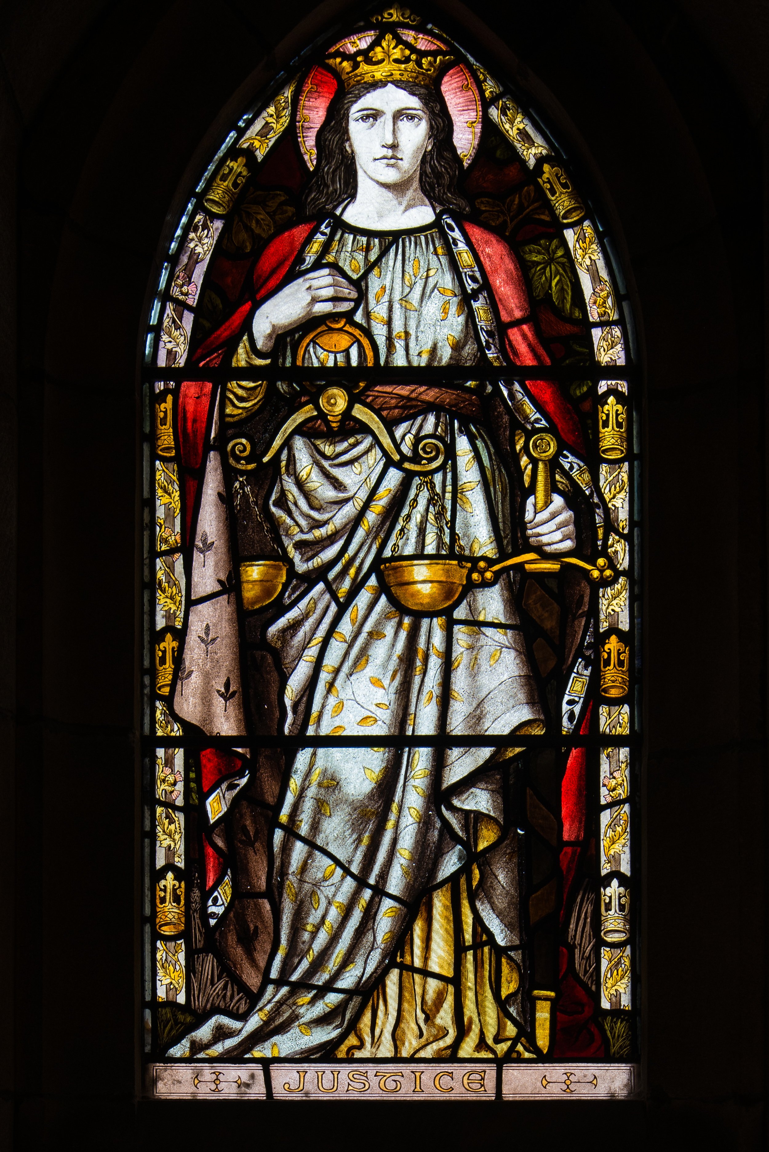 Justice by Daniel Cottier at Peebles Old Parish Church, 1887