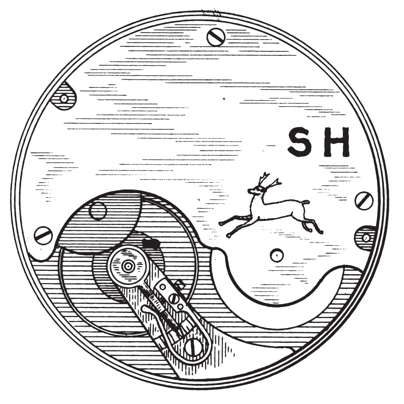 Line drawing of a circular design featuring a jumping deer, stylized waves, a turntable with a tonearm, and the letter SH.