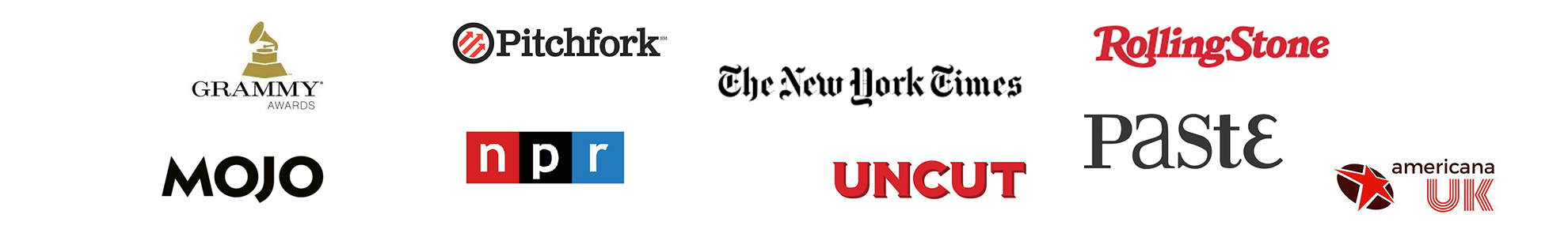 Collection of various media and entertainment logos, including Grammy Awards, Pitchfork, The New York Times, Rolling Stone, Mojo, NPR, Uncut, Paste, and Americana UK.