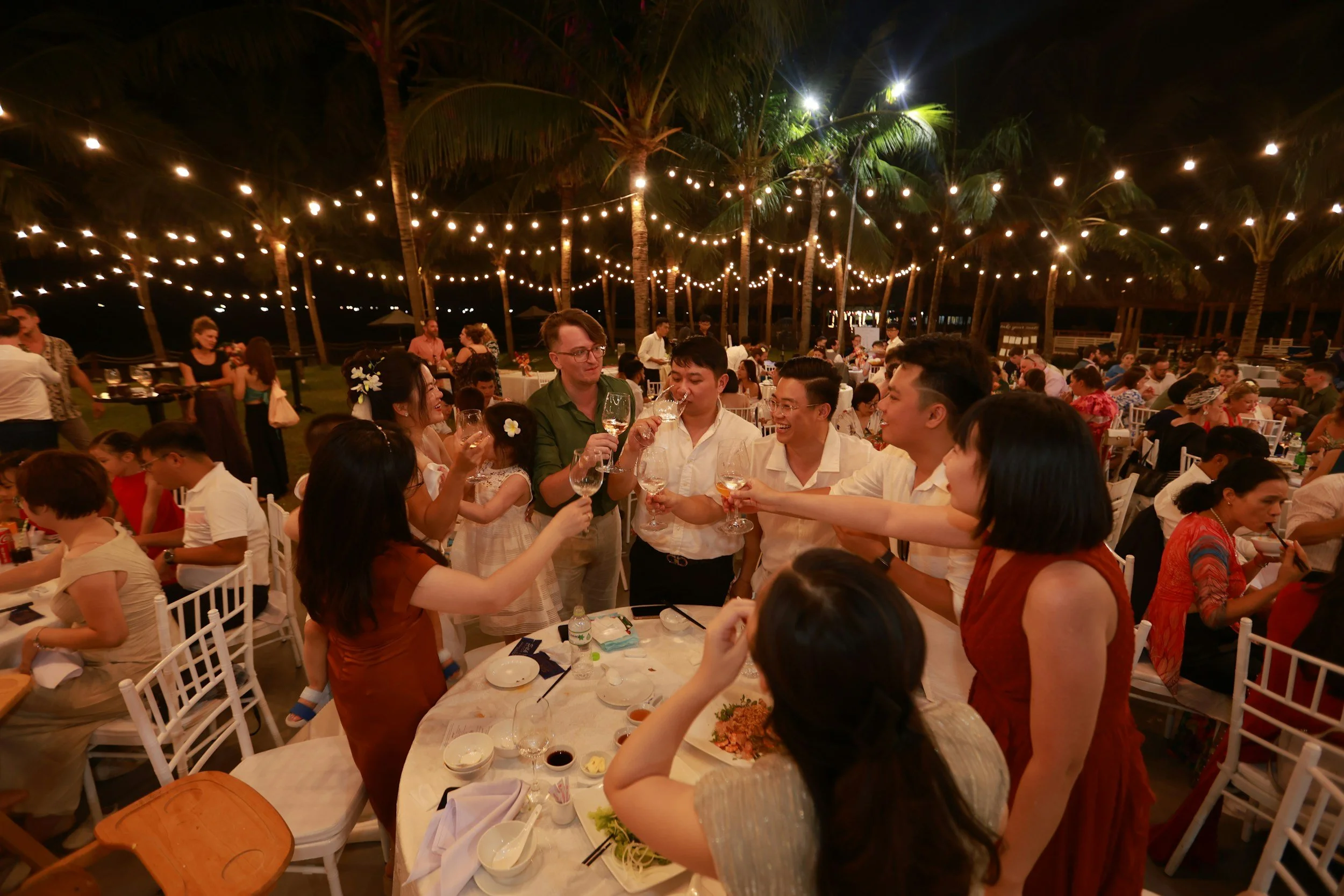 Groupe de personnes qui trinquent lors d'une fête en plein air la nuit, décorée avec des guirlandes lumineuses, parmi une ambiance festive et conviviale.