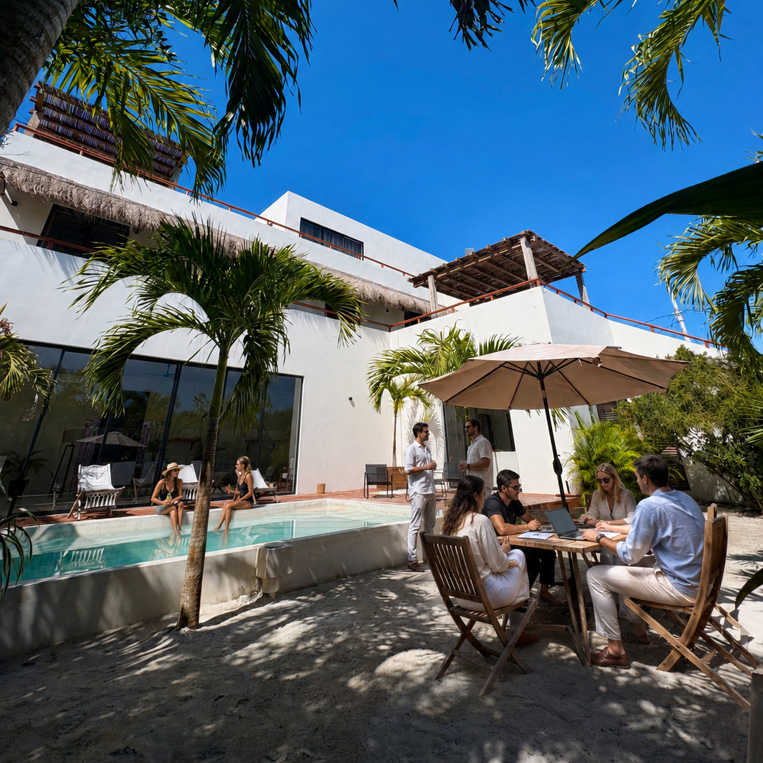 Group of people socializing near a swimming pool on a sunny day, surrounded by tropical plants and a modern white building in the background.