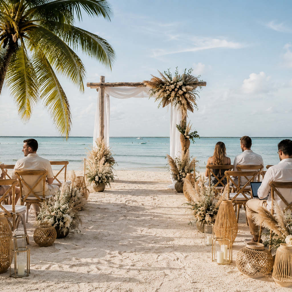 Cérémonie de mariage sur la plage avec un cadre en bois orné de fleurs et de plantes tropicales, face à la mer, avec des invités assis sous un ciel ensoleillé.