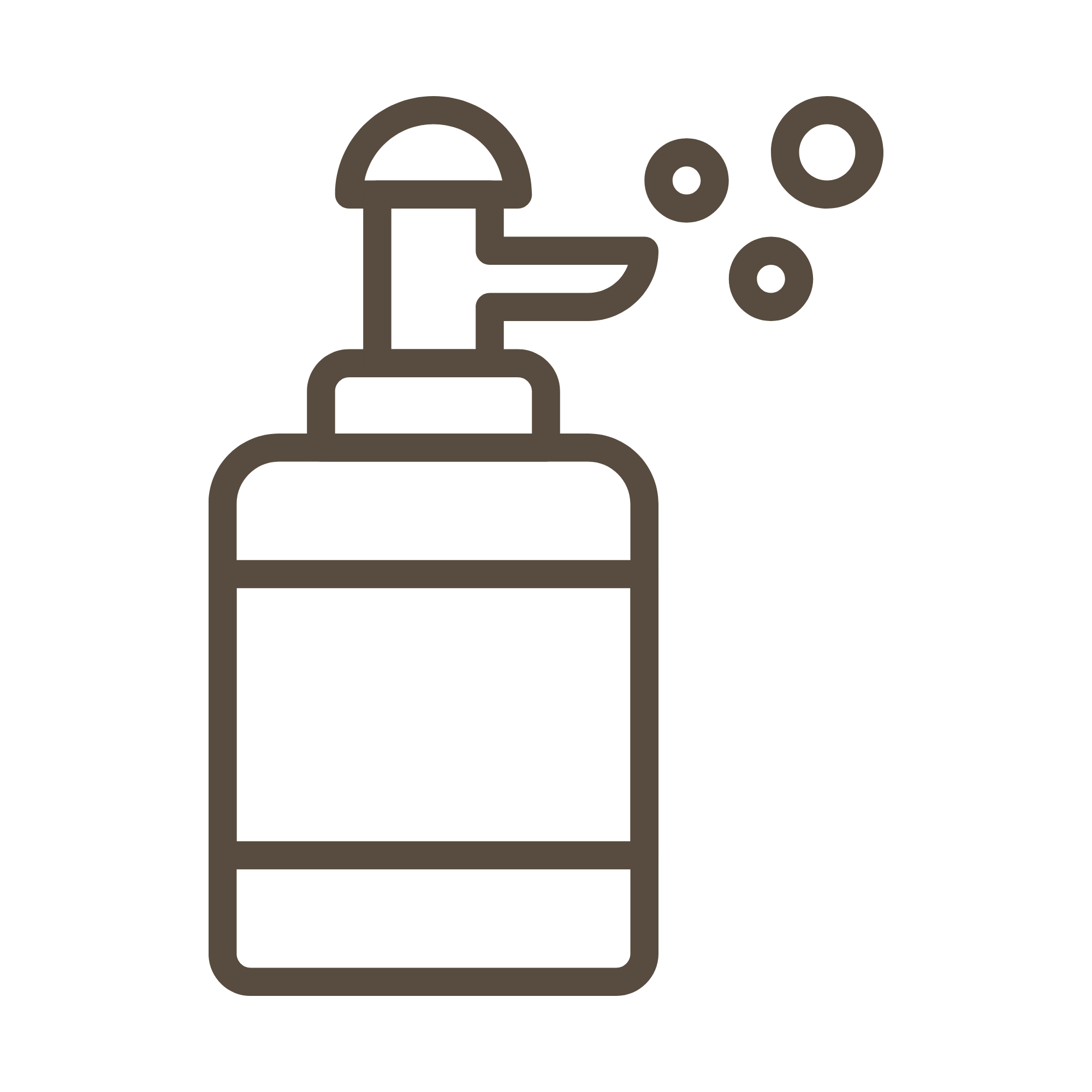 Icône d'un flacon de désinfectant avec un distributeur, de couleur marron, avec des bulles indiquant la diffusion du liquide.