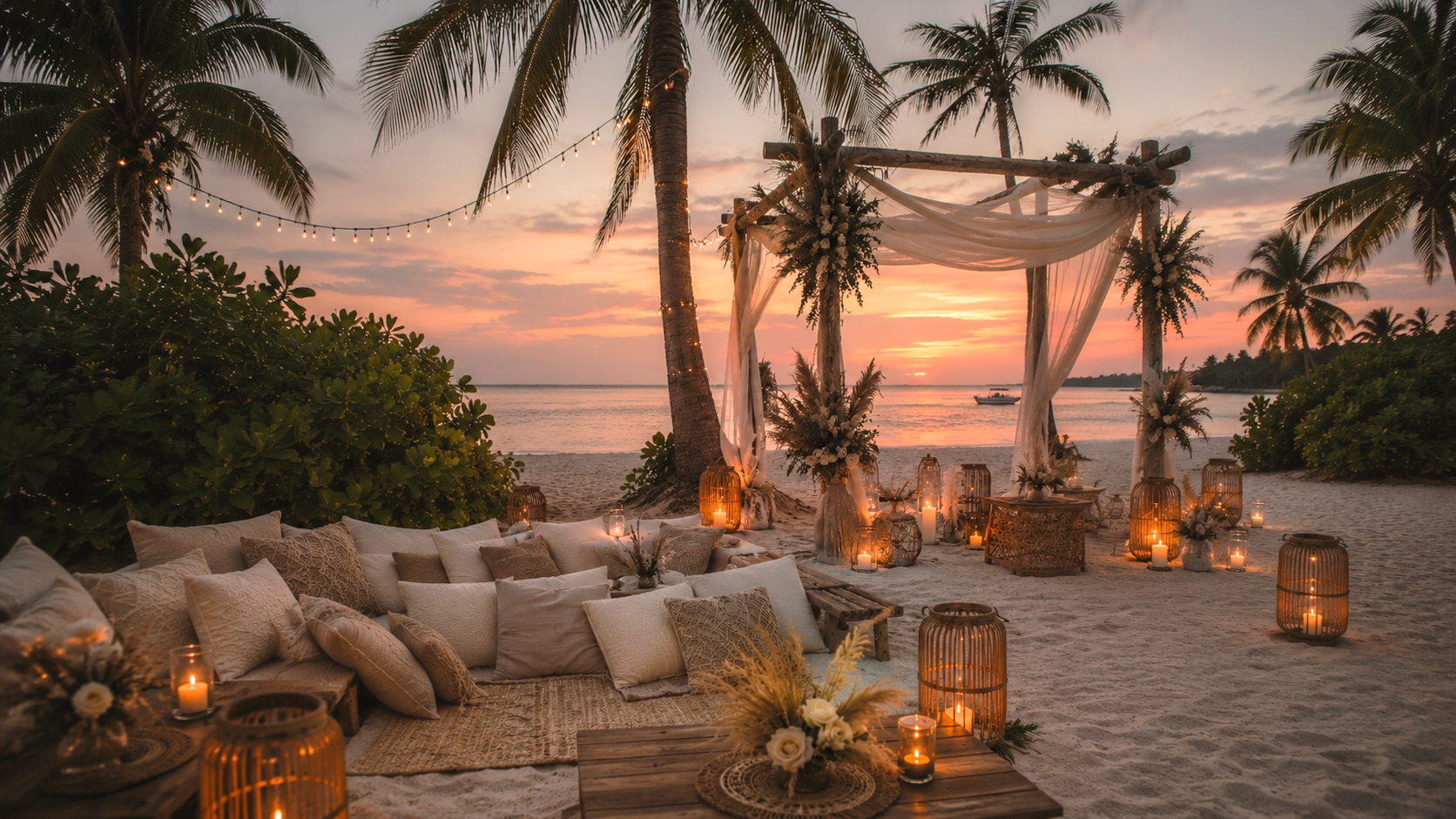 Décoration de mariage bohème sur la plage au coucher du soleil avec des lanternes, coussins, fleurs et draperies en tissus légers, entourée de palmiers.