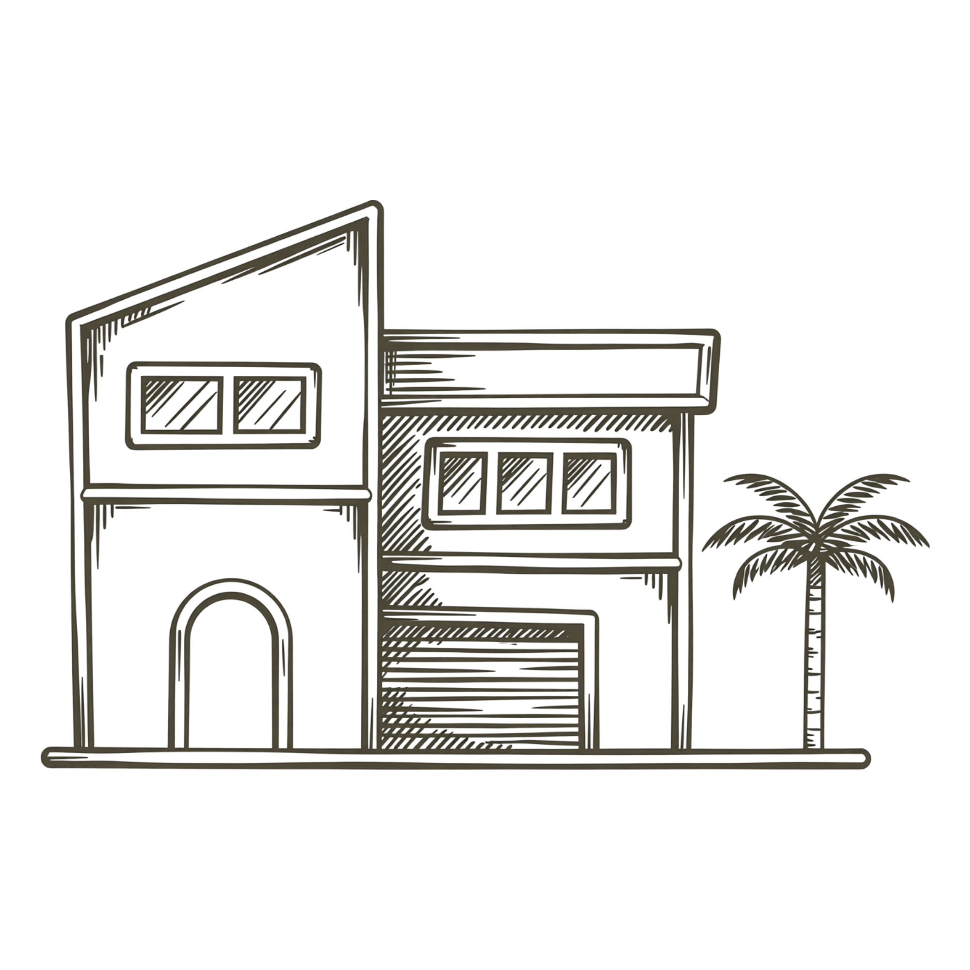Une illustration d'une maison moderne avec plusieurs étages, fenêtres, une porte arqué, et un palmier à côté.