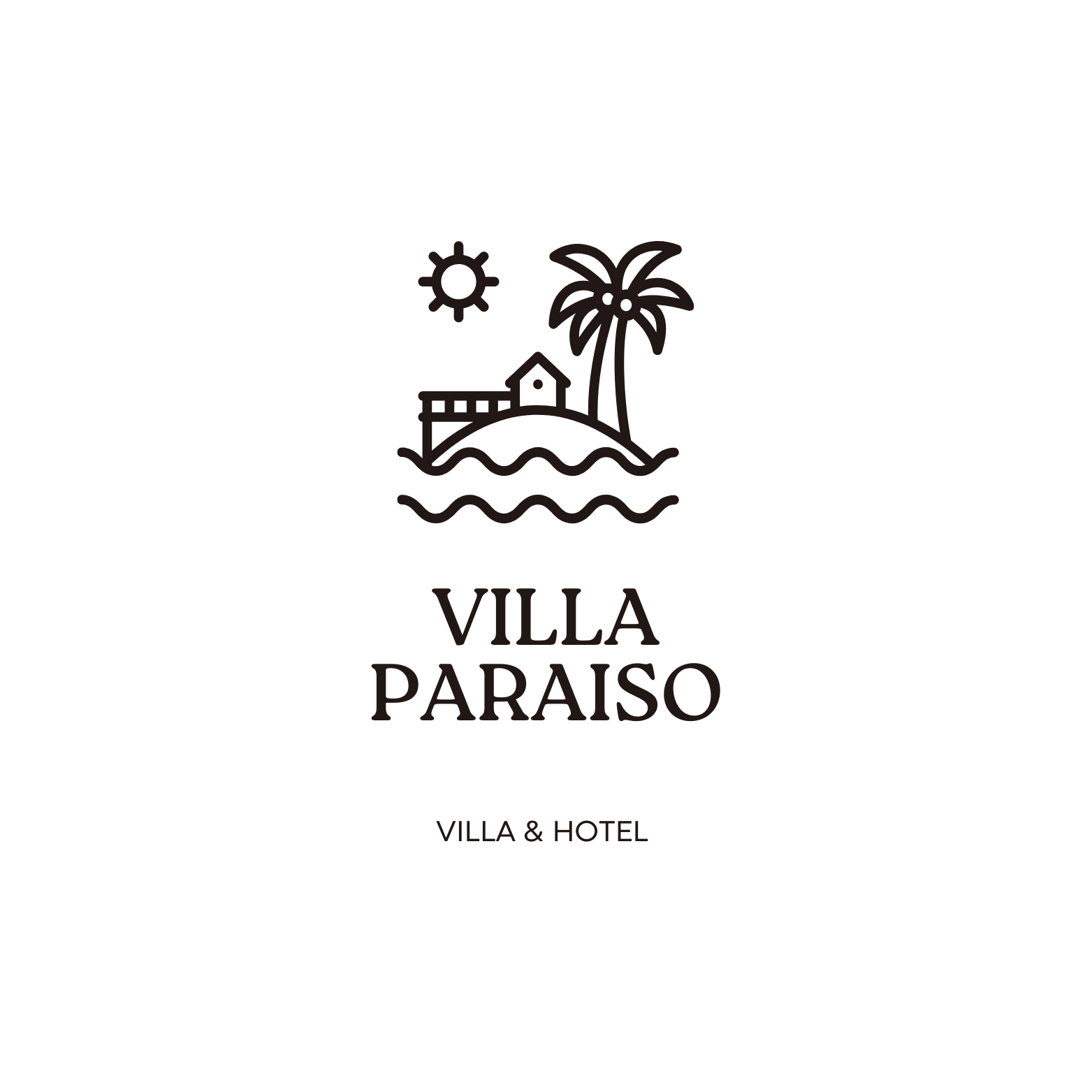 Logo noir de Villa Paraiso, une villa avec un palmier, une petite maison, la mer, un soleil, et le texte "VILLA PARAISO" et "VILLA & HOTEL".