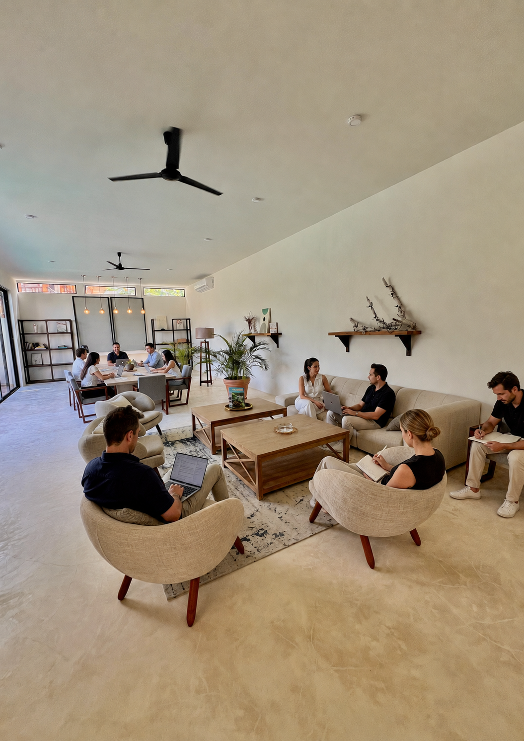 Salle de réunion ou espace de coworking avec plusieurs personnes travaillant sur des ordinateurs ou prenant des notes, mobilier moderne, végétation, étagères et décorations murales.