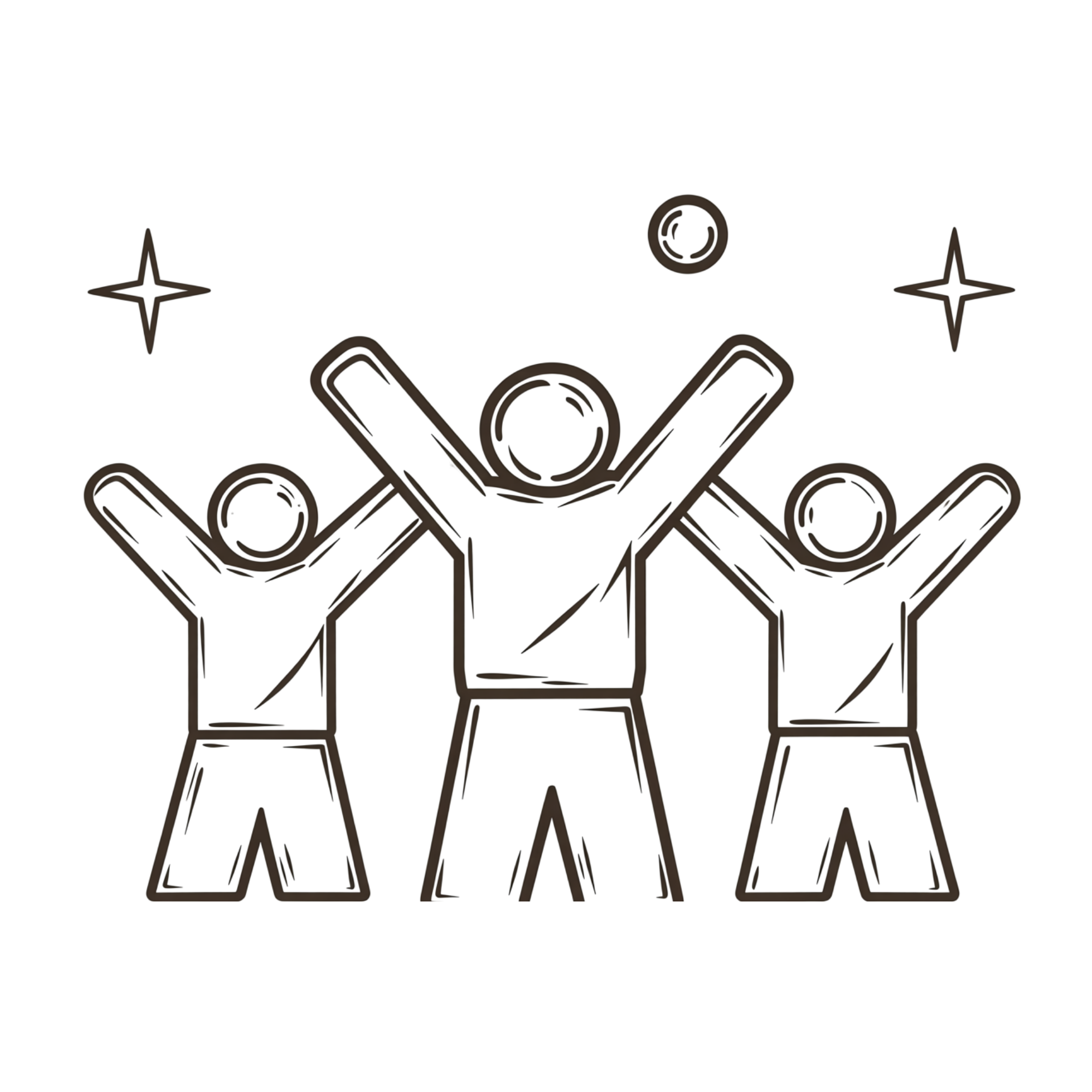 Icone simplifiée de trois personnes avec bras levés, symbole de célébration ou de réussite, avec des étoiles au-dessus.