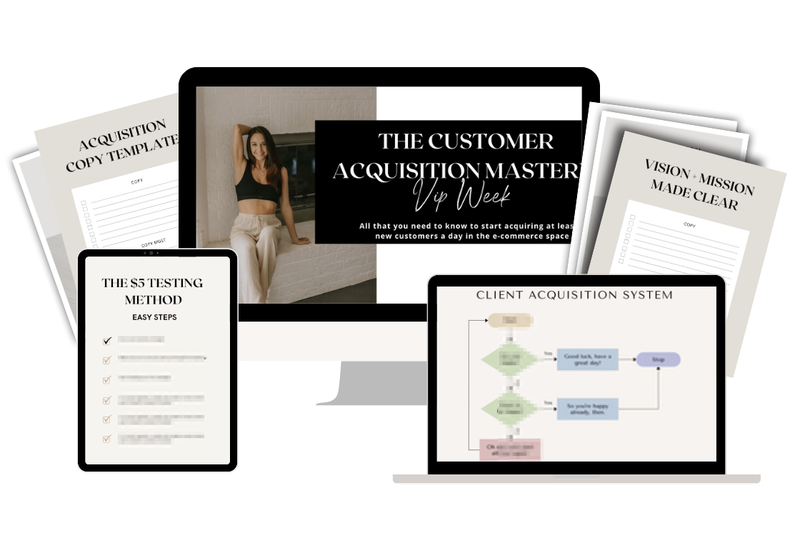 Digital screens and printed materials related to customer acquisition training, including a computer monitor displaying "The Customer Acquisition Master Vip Week," a tablet showing "The $5 Testing Method Easy Steps," and printed templates titled "Acquisition Copy Template" and "Vision + Mission Made Clear," with another screen displaying a client acquisition system flowchart.