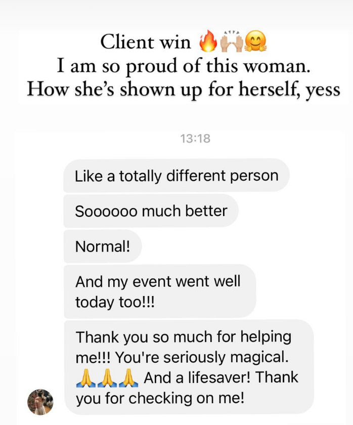 Text image with a message about a client celebrating a woman's success and a conversation expressing happiness about an event and gratitude for help, including emojis like fire, hands, and smiling face.