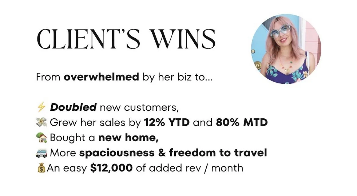 Slide with a headline 'Client's Wins' and a photo of a woman with pink hair, glasses, wearing a floral top. Highlights include increased sales, new customers, a new home, travel freedom, and $12,000 added revenue per month.
