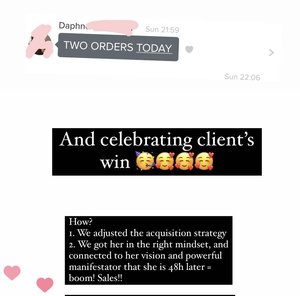 Screenshot of a WhatsApp message conversation about an order and client celebration, with text and emojis, including a black box with white text explaining a marketing strategy.
