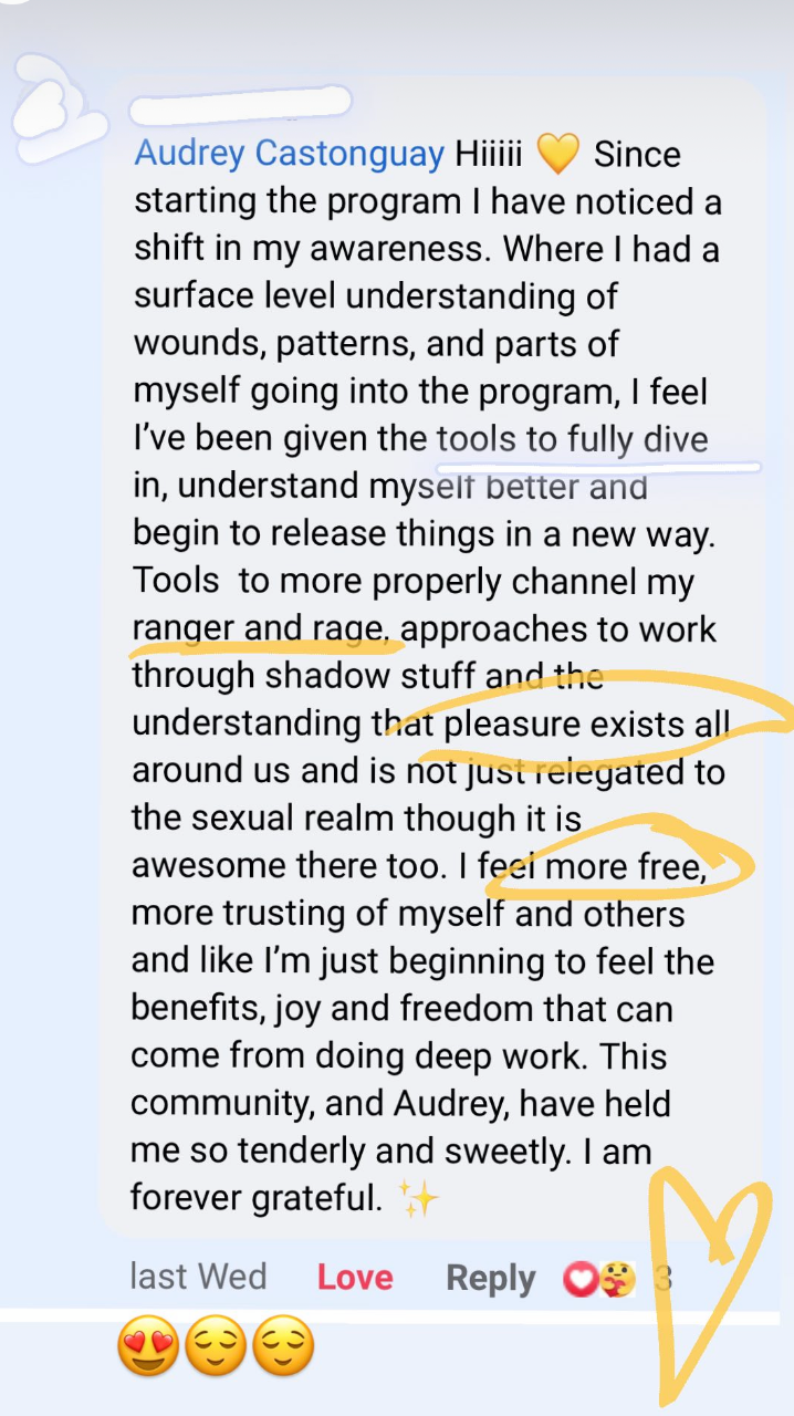 A screenshot of a message from Audrey Castonguay expressing gratitude and sharing insights about personal growth and awareness, with yellow heart and hand-drawn heart doodles.