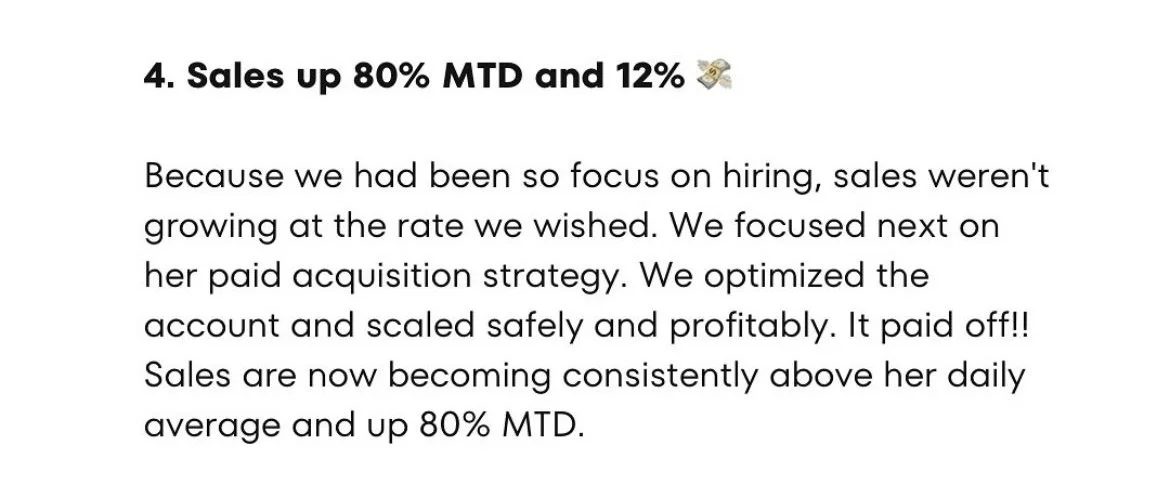 A presentation slide with the title 'Sales up 80% MTD and 12%' in bold at the top, followed by a paragraph explaining a focus on hiring, optimizing account strategies, and achieving 80% month-to-date sales growth.