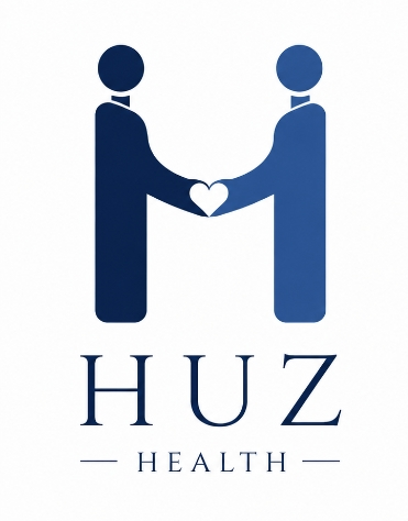 Logo of HUZ Health featuring two stylized human figures holding a heart between them.