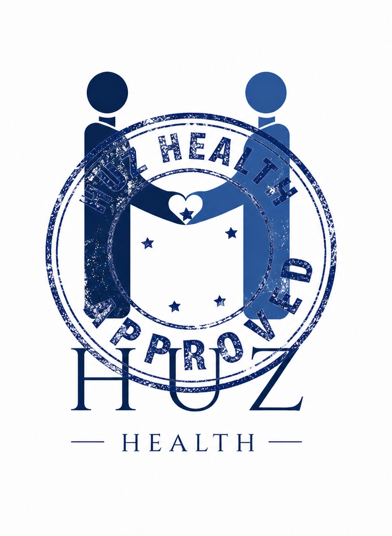 Two stylized figures shaking hands with a heart and stars, surrounded by a circular stamp that says 'Health Approved.'