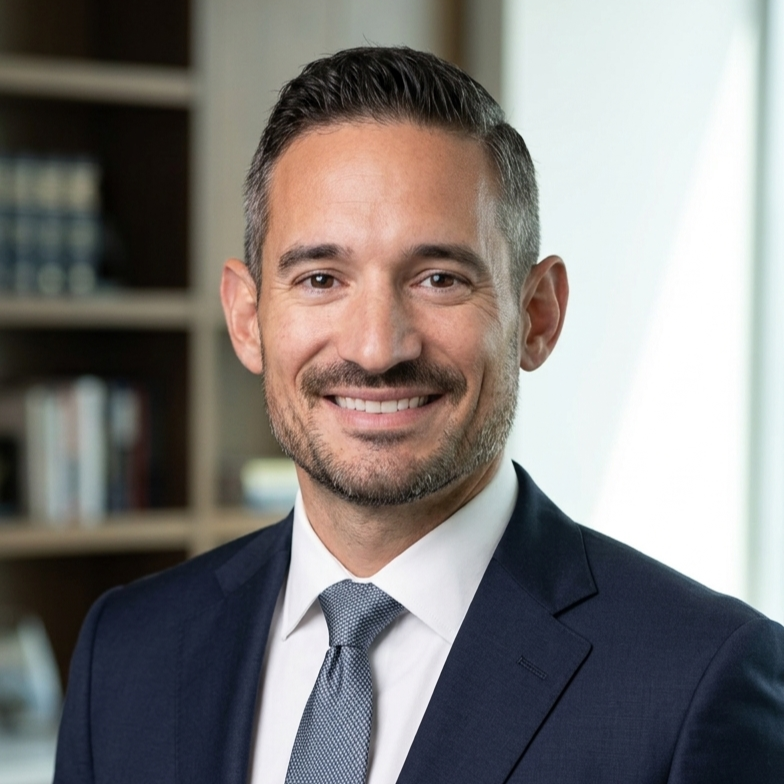 Professional man in a suit smiling indoors with bookshelves in the background.