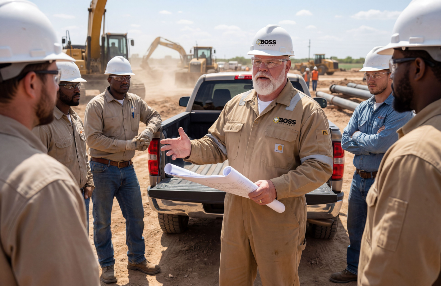 Construction manager leading a team of workers in a discussion on a construction site, with excavators and pipes in the background.