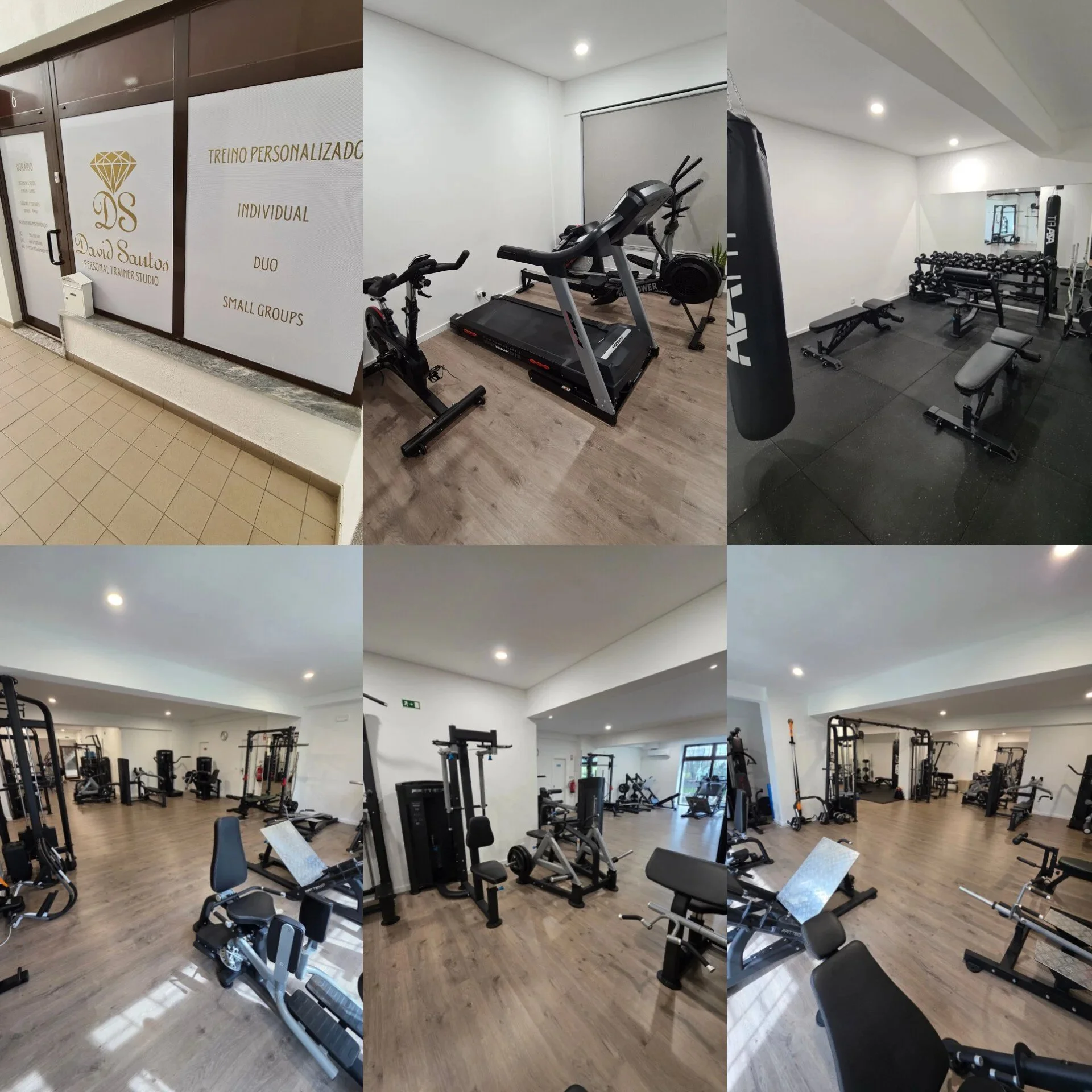 Fotos do interior de uma academia com várias máquinas de musculação e cardio em ambiente bem iluminado.